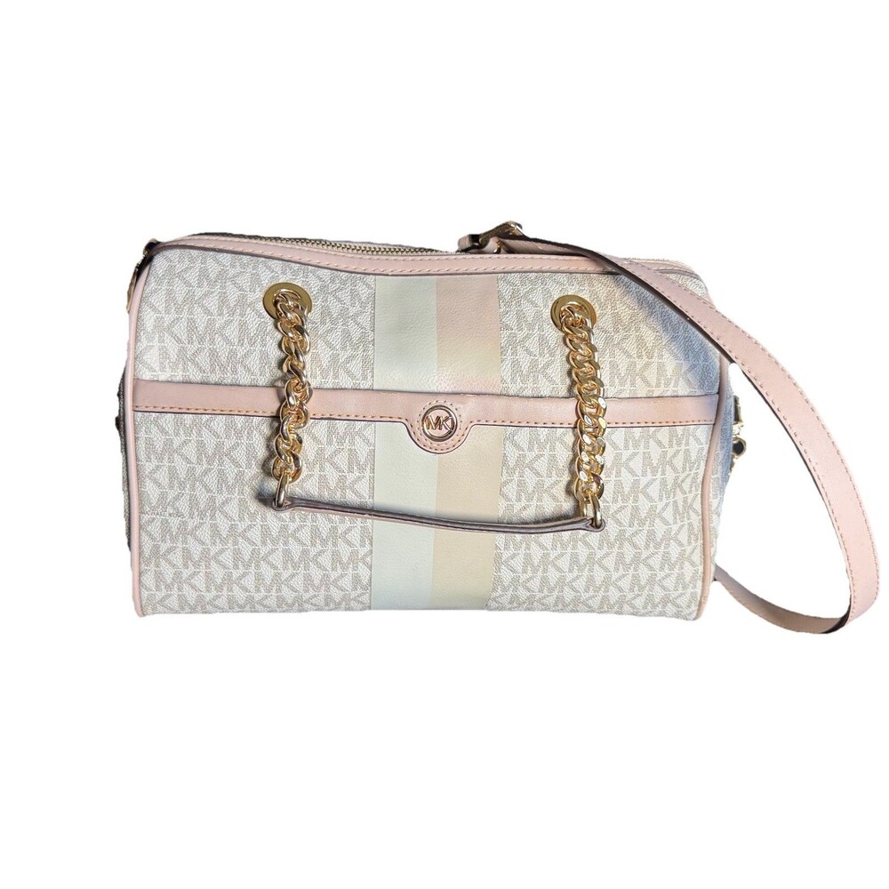 MICHAEL KORS BLAIRE VANILLA PINK LOGO GOLD CHAIN MED DUFFLE SATCHEL BAG *READ***